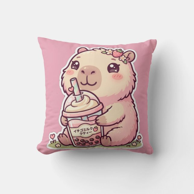 Söt Chibi Capybara Jordgubb Boba Mjölkte Kawa  Kudde (Framsida)