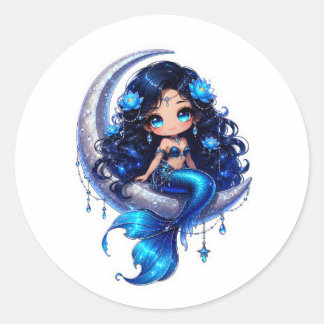 Söt Chibi Celestial Sjöjungfru på Halvmåne Runt Klistermärke