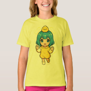 Söt Chibi-Flicka med Blått Hår i Kyckling-T-Shirt T Shirt