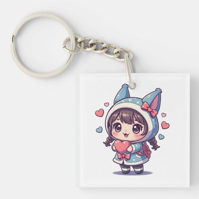 Söt Chibi-flicka med hjärta Akrylnyckelring (Framsidan)