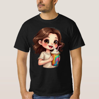 Söt Chibi-Flicka med Regnbågsvirveldryck" 🧁🌈 T Shirt