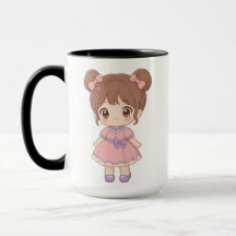 Söt Chibi-Flicka Två Bollar Rosa Klänning Mugg | S
