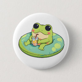 Söt Chibi Groda Sommar Pool Dag Lemonad Design Knapp
