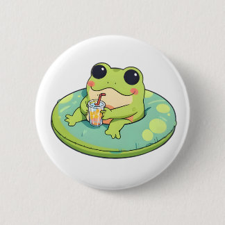 Söt Chibi Groda Sommar Pool Dag Lemonad Design Knapp