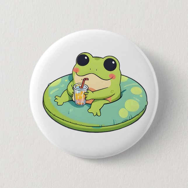Söt Chibi Groda Sommar Pool Dag Lemonad Design Knapp (Framsida)