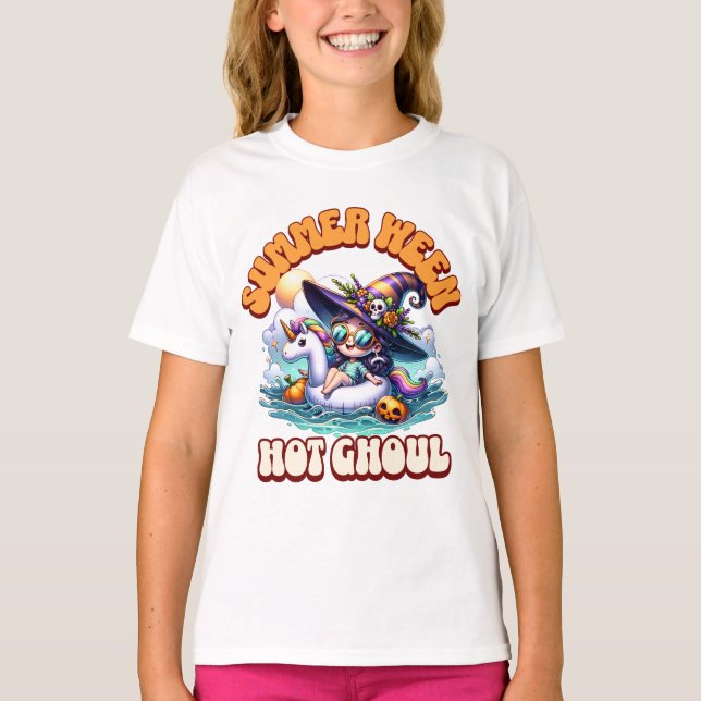 Söt Chibi-Häxa Enhörning Flotte Summerween Spöke T Shirt (Framsida)