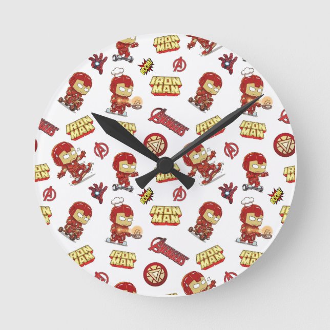 Söt Chibi Iron Man Sömlös Mönster - Superhjälte  Rund Klocka (Framsida)