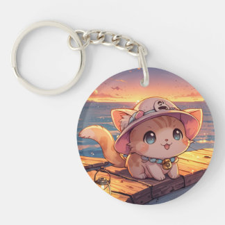 Söt Chibi-Katt vid Hamnens Solnedgång – Whimsical