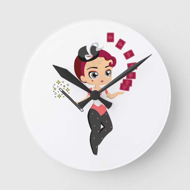 Söt Chibi Kvinnlig Magiker som Utför Kortmagi  Rund Klocka (Framsida)