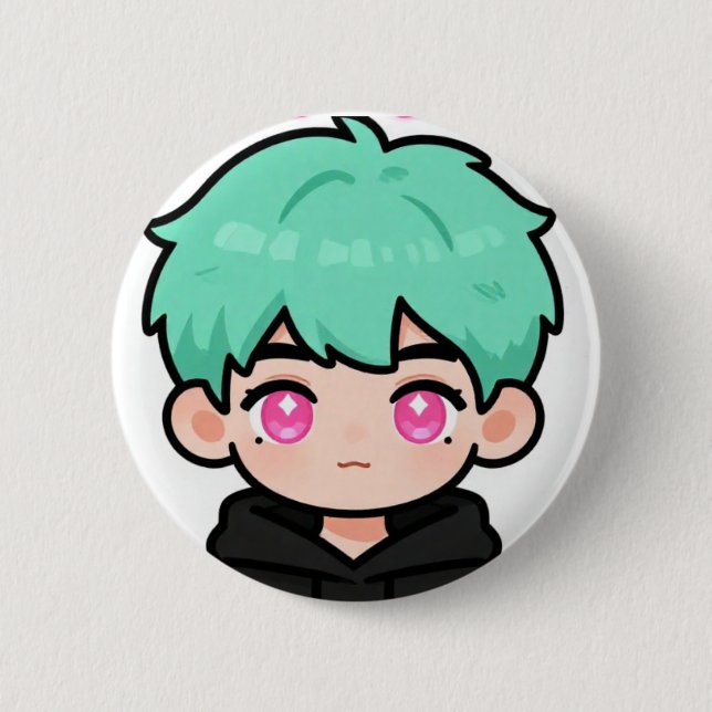 Söt Chibi Mint Hår Pojke Knappspänne Knapp (Framsida)