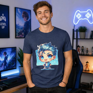 Söt Chibi Pojke Blått Vatten-tematiserad Animeko T Shirt