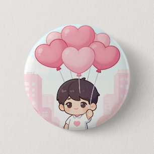 Söt Chibi-pojke med rosa hjärtballonger Kawaii Aes Knapp