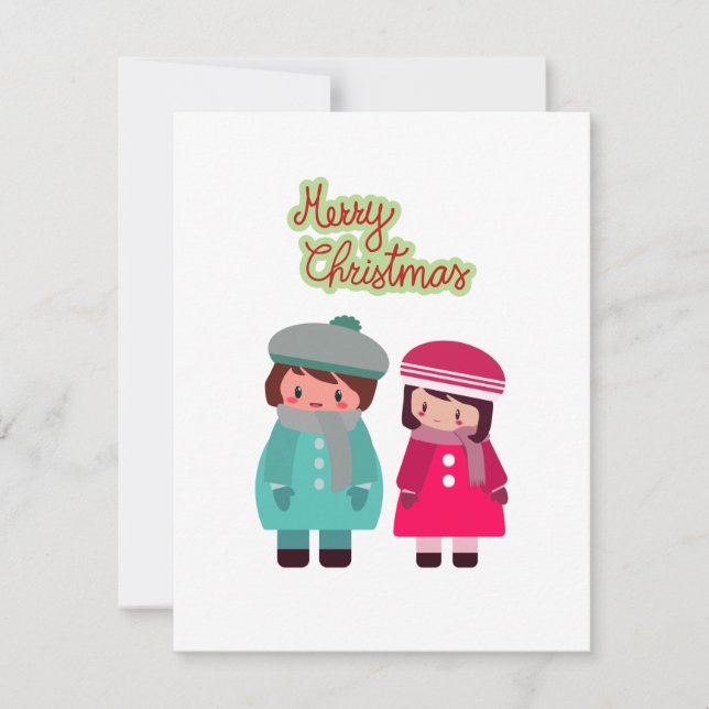 Söt chibi-pojke och -flicka platt julkort (Framsida)
