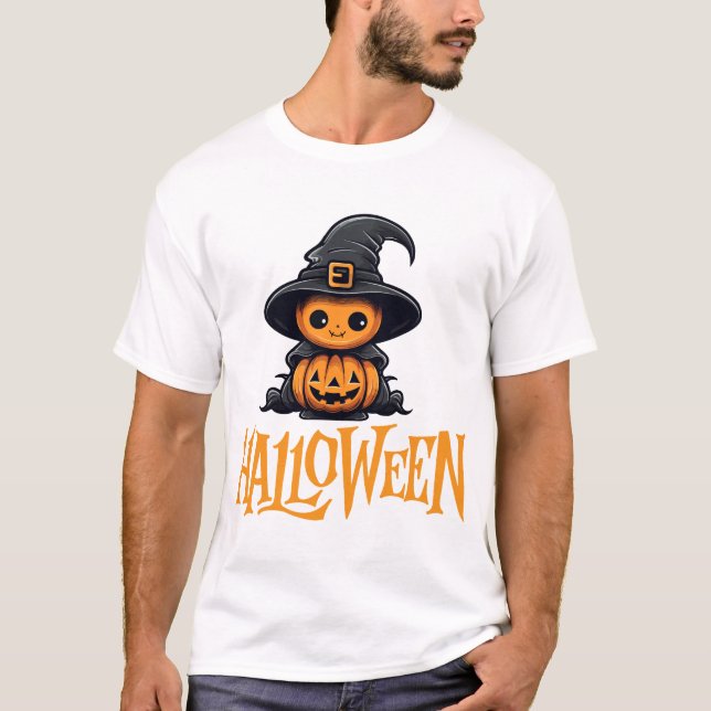 Söt Chibi Pumpa Häxhatt Halloween Grafik T Shirt (Framsida)