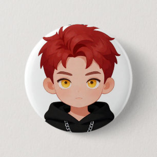 Söt Chibi rödhårig pojke gula ögon anime-tillbehör Knapp