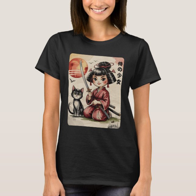 Söt Chibi-Samuraj Flickar Med Katana Katt Japanska T Shirt (Framsida)
