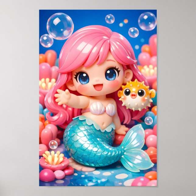 Söt Chibi-siren med pufferfisk vän hav Poster (Framsidan)