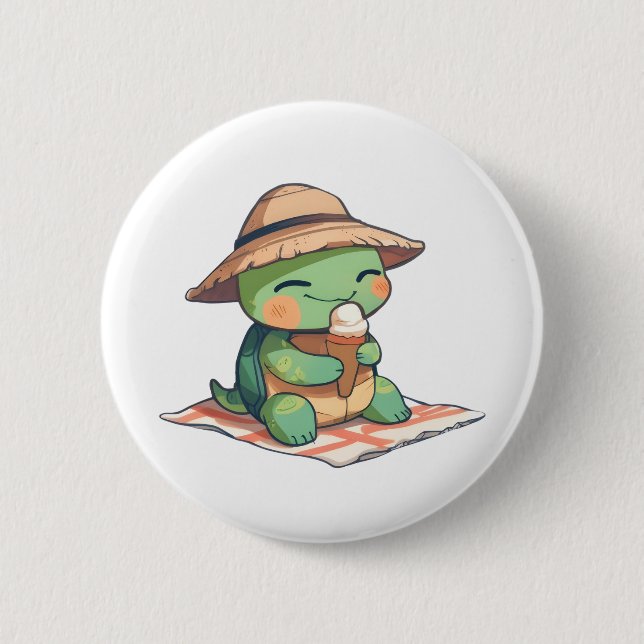 Söt Chibi Sköldpadda i Halmhatt som Äter Glass  Knapp (Framsida)