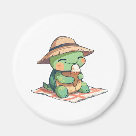 Söt Chibi Sköldpadda i Halmhatt som Äter Glass  Magnet