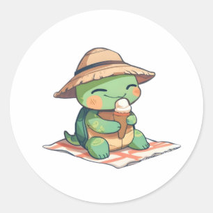 Söt Chibi Sköldpadda i Halmhatt som Äter Glass Runt Klistermärke