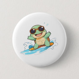 Söt Chibi Sköldpadda Surfare Sommar Strand Design Knapp