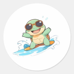 Söt Chibi Sköldpadda Surfare Sommar Strand Design Runt Klistermärke