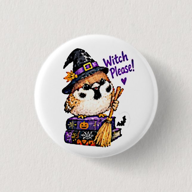 Söt Chibi Sparrow Fågel Halloween Häxa Snälla  Knapp (Framsida)