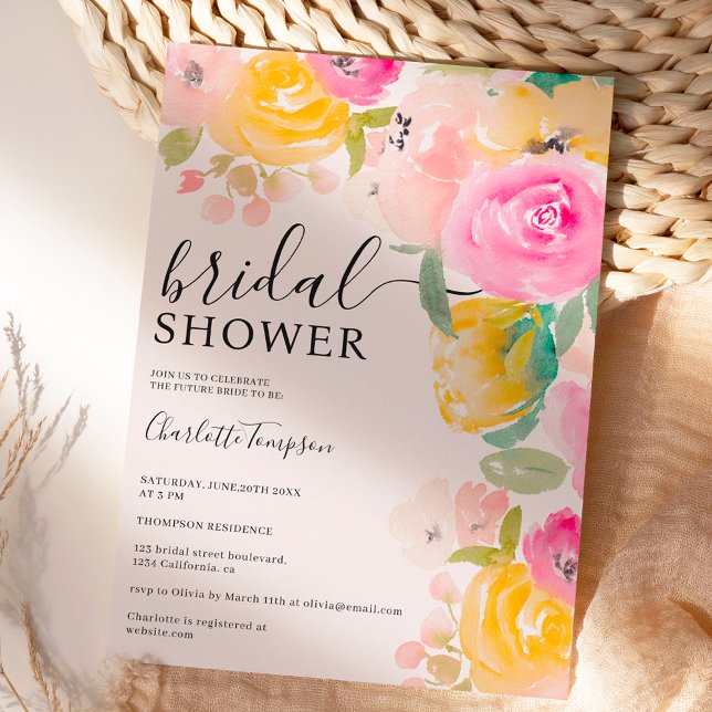 SÖT CHIC BLOMMIGT  - MÖHIPPA INBJUDNINGAR (Pretty chic garden floral watercolor bridal shower invitation on pink)