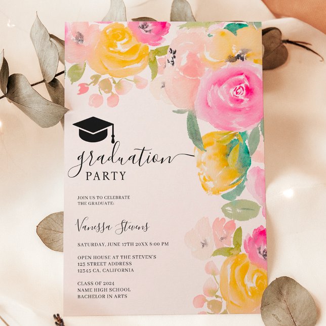 Söt chic blommigt  studenten inbjudningar (Pretty chic garden floral watercolor graduation invitation)