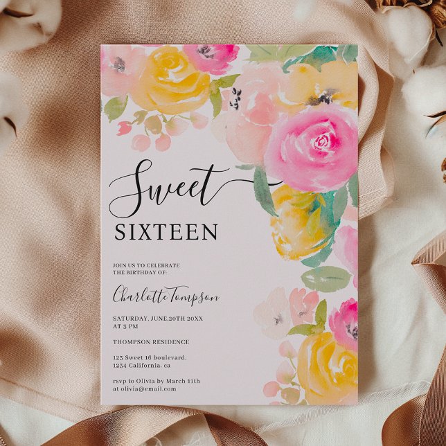 Söt chic blommigt  vattenfärg Söt 16 Inbjudningar (Pretty chic garden floral watercolor Sweet 16 Invitation)