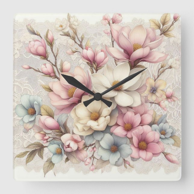 Söt chic flickaktig blommig och spetsig fyrkantig klocka (Framsida)