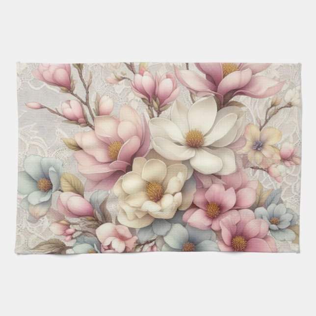 Söt chic flickaktig blommig och spetsig kökshandduk (Horisontell)