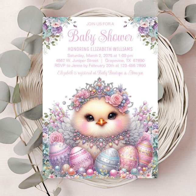 Söt Chick Påskägg Baby Shower Inbjudningar (Sweet baby chick with pretty pastel jewels & eggs. )