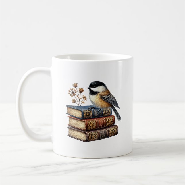 Söt chickadee-fågelbokälskare lägg till monogram kaffemugg (Vänster)