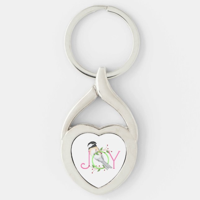 Söt Chickadee "Glädje" Twisted Heart Silverfärgad Nyckelring (Framsidan)