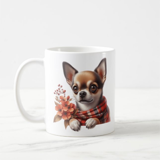 Söt Chihuahua-hund Valp med blommor Kaffemugg (Vänster)