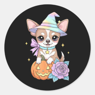 Söt Chihuahua-valp Häxa Pumpa Halloween Runt Klistermärke