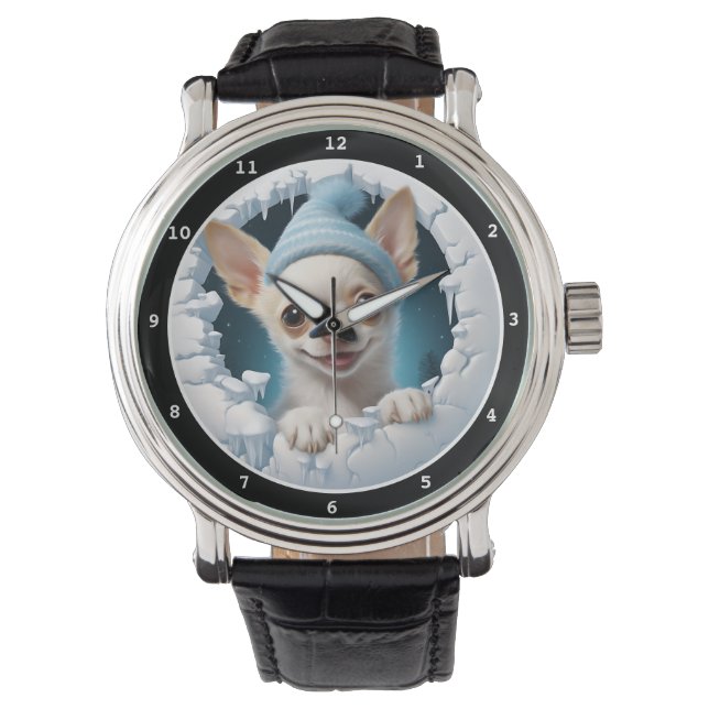 Söt Chihuahua-valp Vinterscen Bild Armbandsur (Framsida)