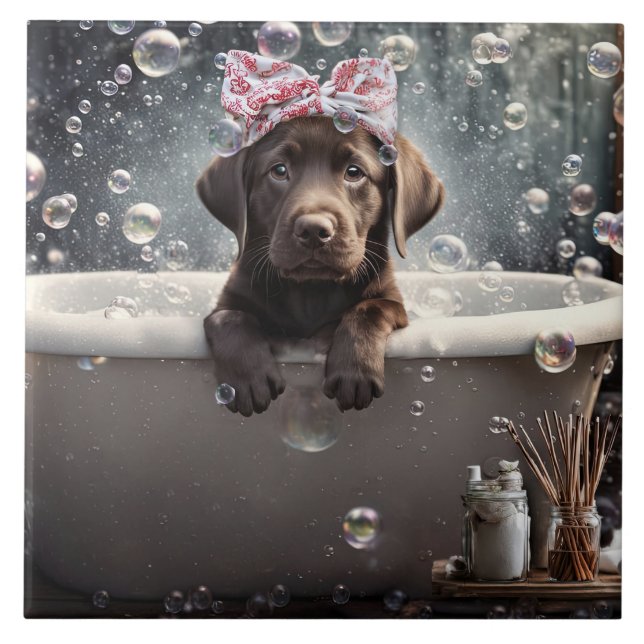 Söt chokladlabrador valp hund spa bubbelbad kakelplatta (Framsidan)