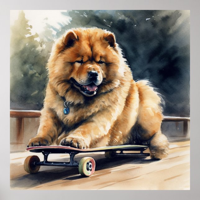 Söt chow sitta på skateboard poster (Framsidan)