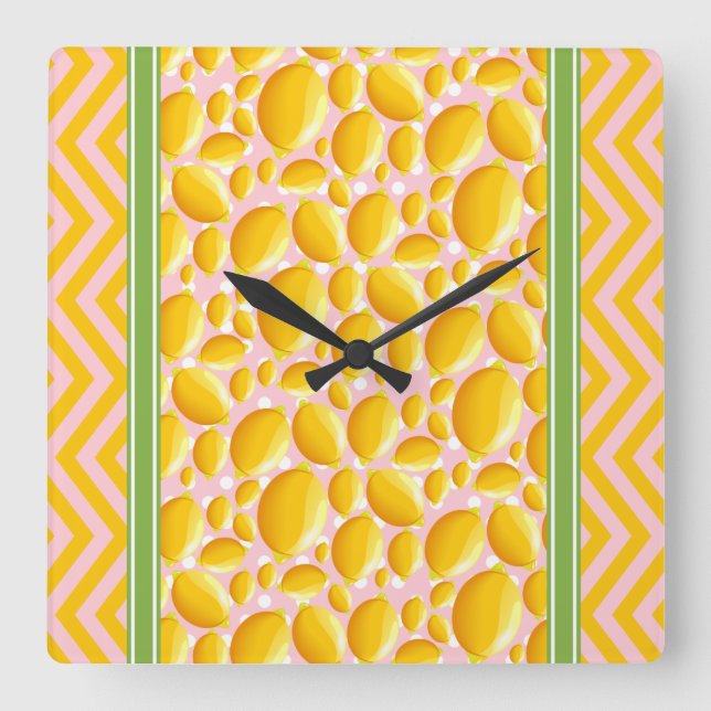 Söt citronskiva prickig & chevron gul fyrkantig klocka (Framsida)
