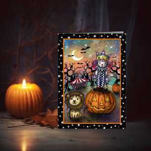 Söt clown och lejon Halloween-konst Kort