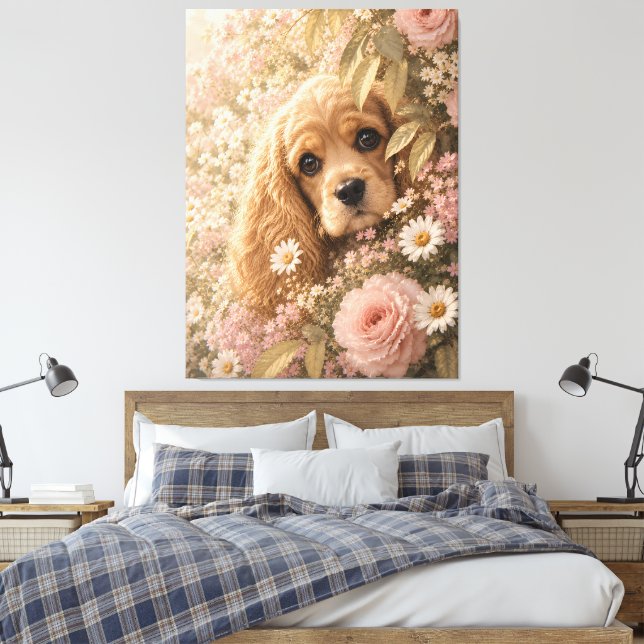 Söt Cocker Spaniel Bland Blommor Canvastryck (Insitu (sovrum))