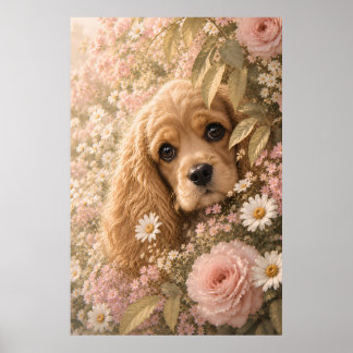 Söt Cocker Spaniel Bland Blommor Poster
