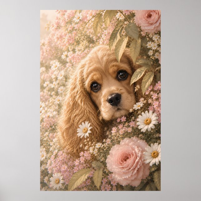 Söt Cocker Spaniel Bland Blommor Poster (Framsidan)