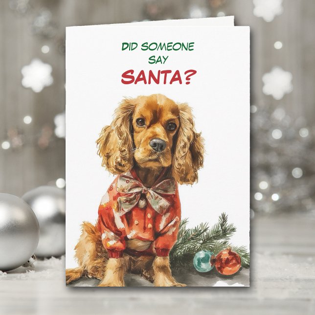 Söt Cocker Spaniel Hund Letar Efter Tomte Helgkort (Skapare uppladdad)