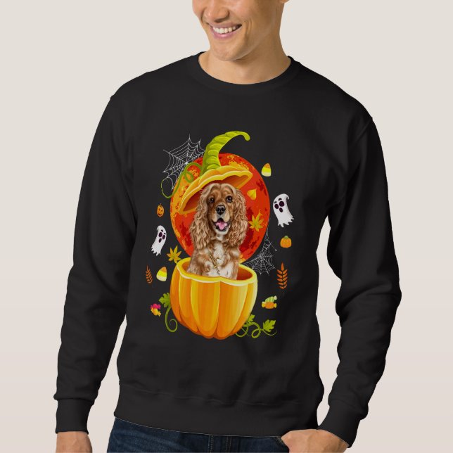 Söt Cocker Spaniel Pumpa Halloween Hund 1 Lång Ärmad Tröja (Framsida)