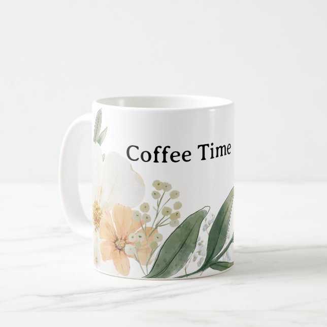 Söt CoffeeTime tekopp. Modern minimalist blomma Kaffemugg (Framsida vänster)