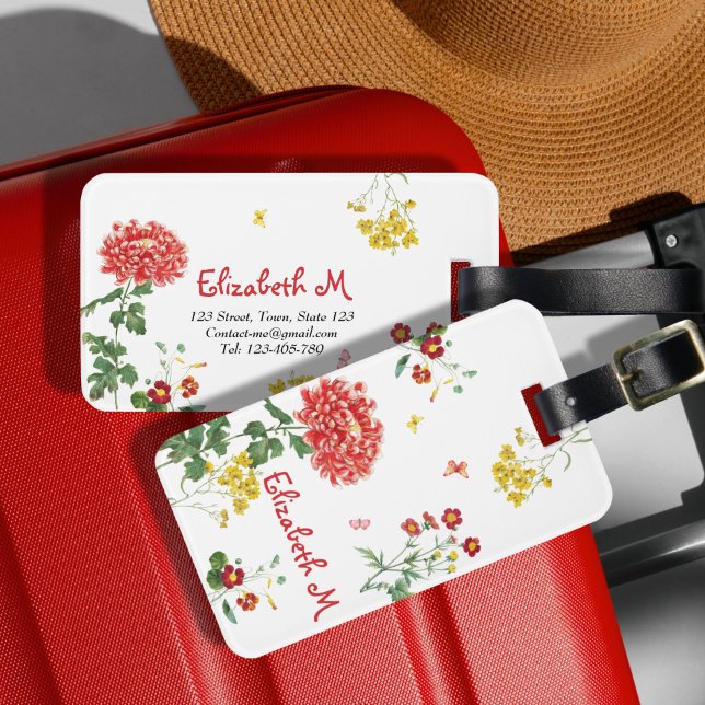Söt Colorful Blomsterträdgård Hand plockade Anpass Bagagebricka (The pretty colorful flower blooming in spring with butterflies print custom luggage tag.)