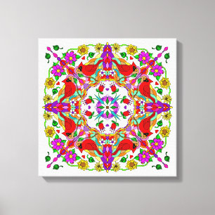 Söt Colorful Cardinals and Flowers Mandala Canvastryck